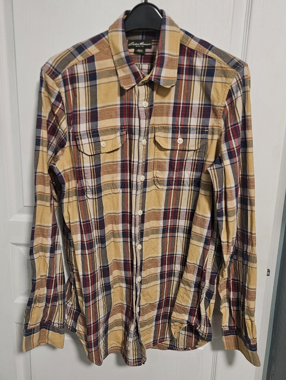 Eddie Bauer Plaid Shirt Classic Buttondown Yellow Blue Red Work Mens Large Tall